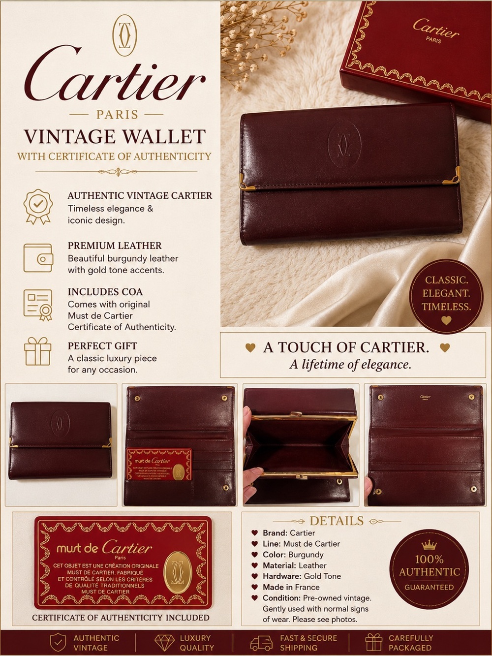 Cartier Burgundy Leather Card & Key Holder with Gold Accents